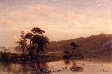 ブルック川の流れ Painting - Cuttyhunk 1602 Albert Bierstadt の風景ストリームでの Gosnold の研究